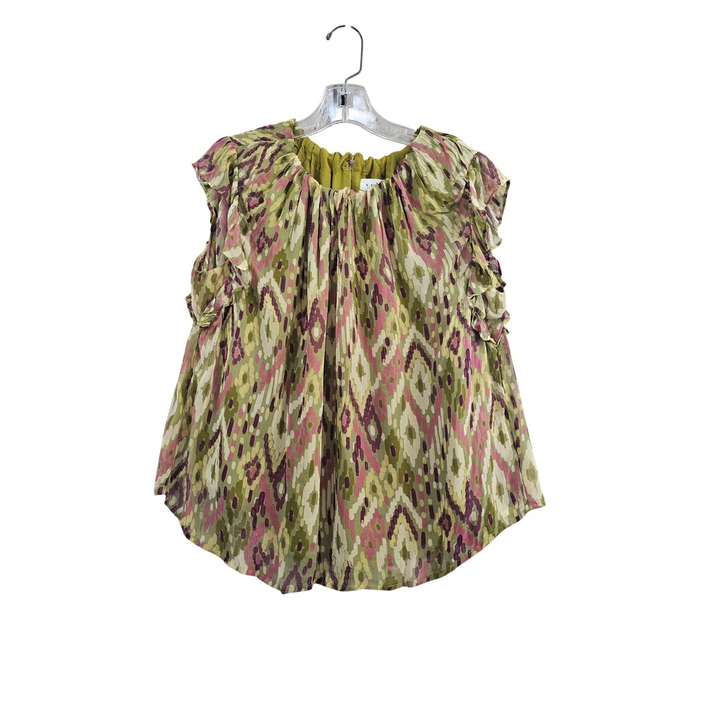 Velvet Graham Spencer Blouse Womens M Green Ikat Ruffle Sleeve Viscose Boho Top